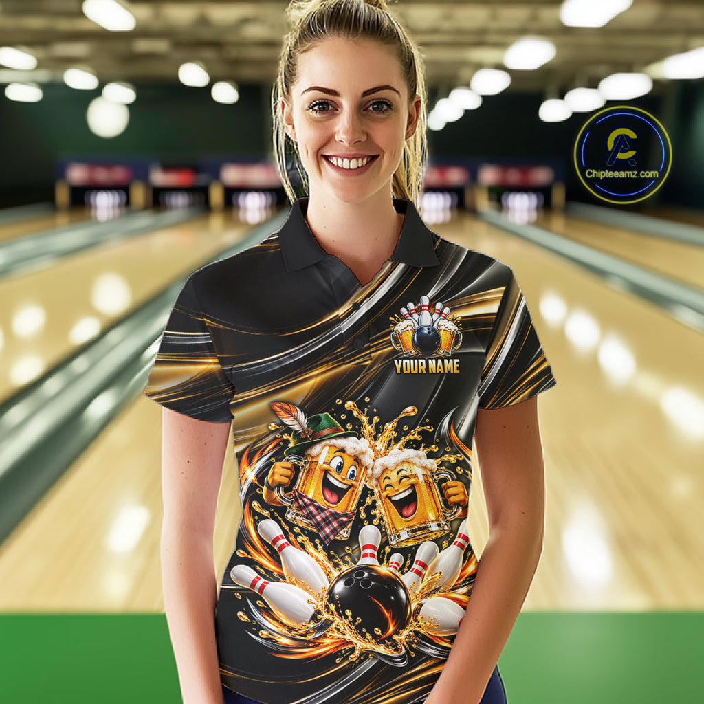 Gold Strikes Beer Mugs Bowling Polo 1/4-Zip Custom Funny Bowling Beer Team Jersey Lover Gifts