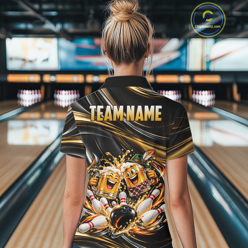 Gold Strikes Beer Mugs Bowling Polo 1/4-Zip Custom Funny Bowling Beer Team Jersey Lover Gifts
