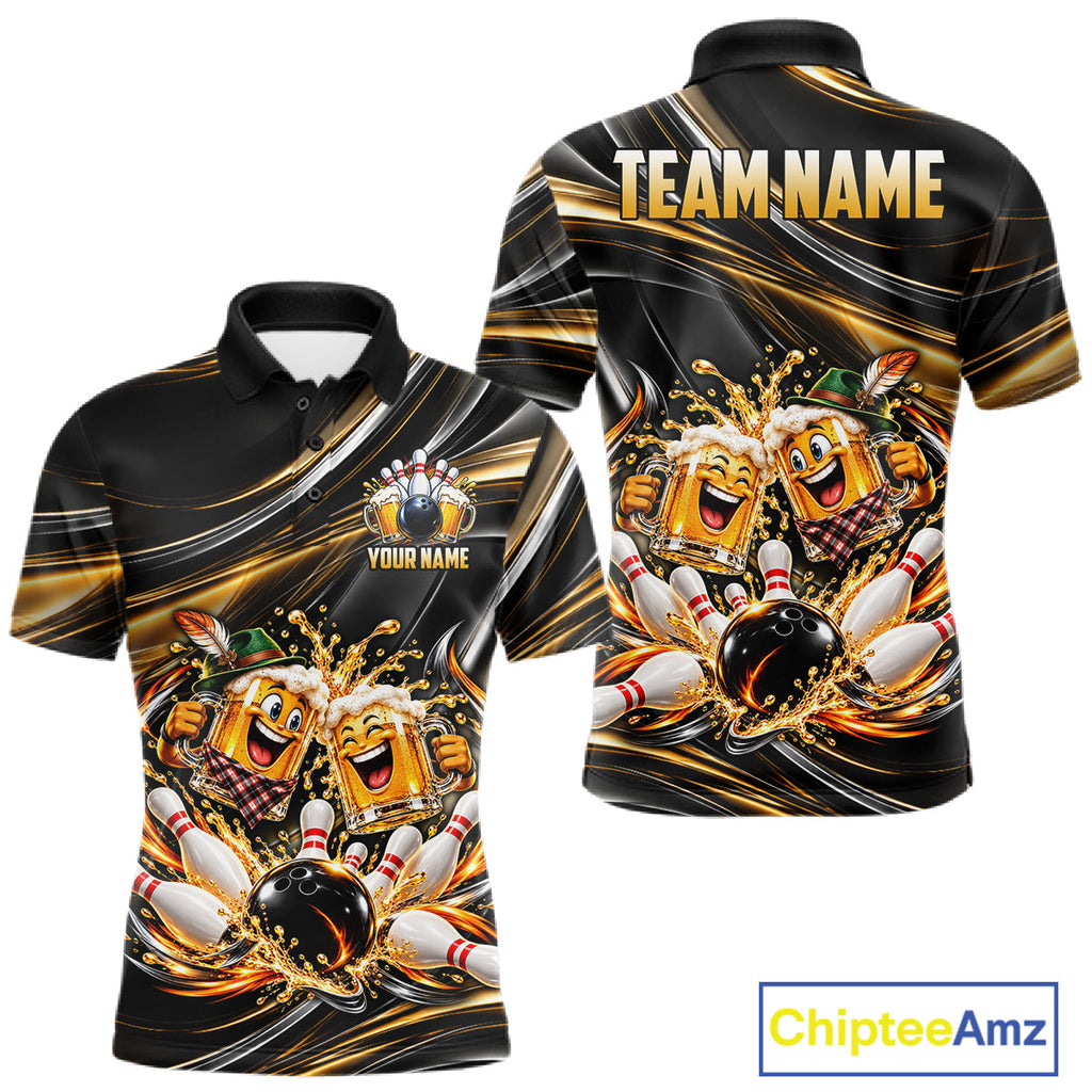 Gold Strikes Beer Mugs Bowling Polo 1/4-Zip Custom Funny Bowling Beer Team Jersey Lover Gifts