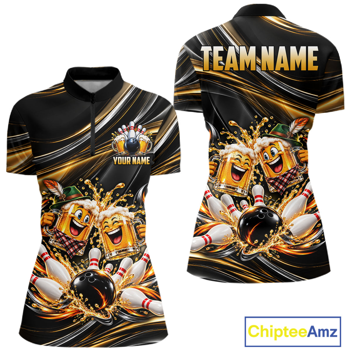 Gold Strikes Beer Mugs Bowling Polo 1/4-Zip Custom Funny Bowling Beer Team Jersey Lover Gifts