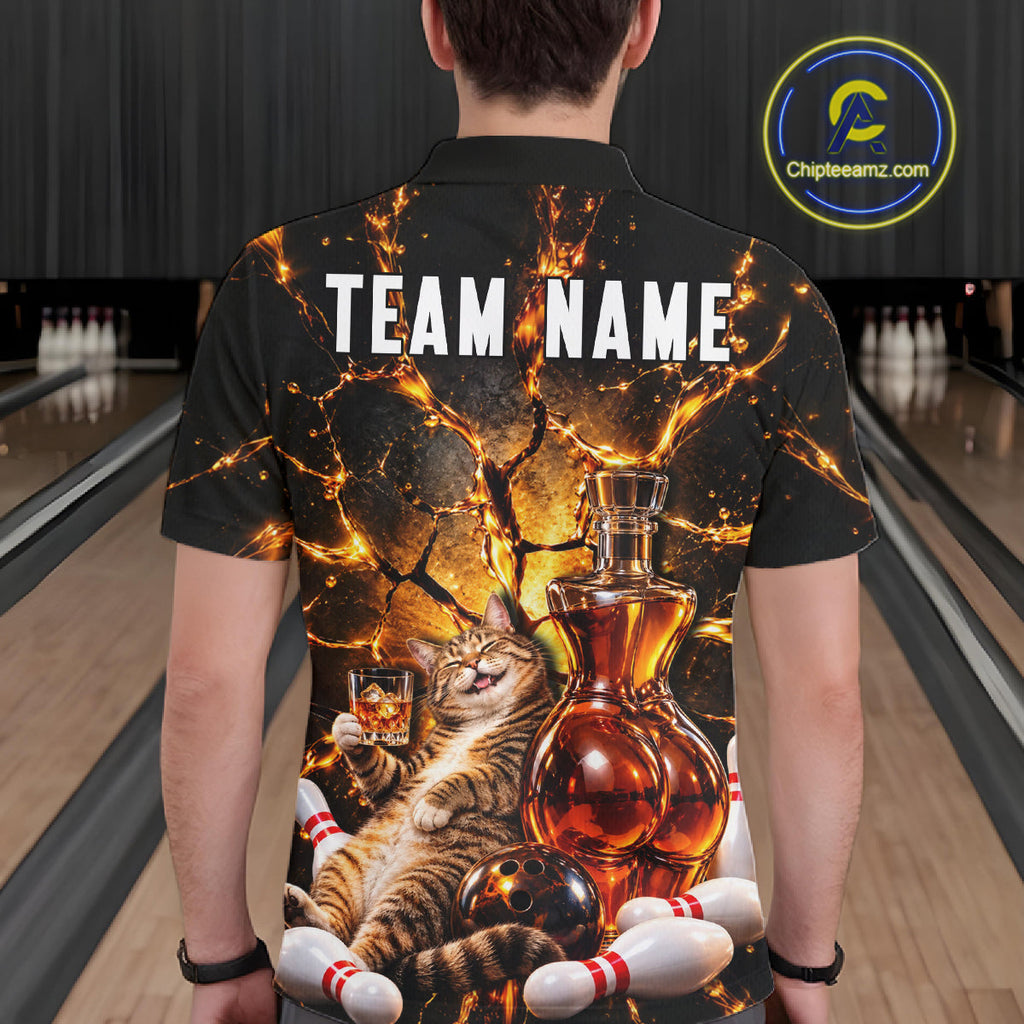 Funny Tabby Cat Whiskey Bowling Polo 1/4-Zip Custom Retro Drunk Bowling Team Shirt Bowling Gift