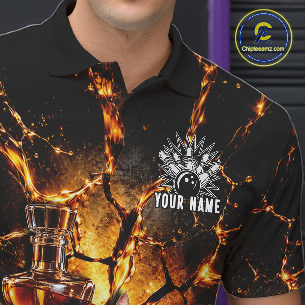 Funny Tabby Cat Whiskey Bowling Polo 1/4-Zip Custom Retro Drunk Bowling Team Shirt Bowling Gift