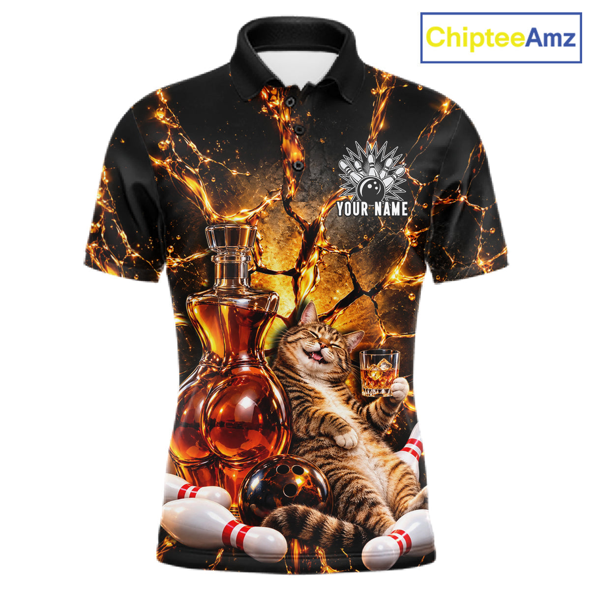 Funny Tabby Cat Whiskey Bowling Polo 1/4-Zip Custom Retro Drunk Bowling Team Shirt Bowling Gift
