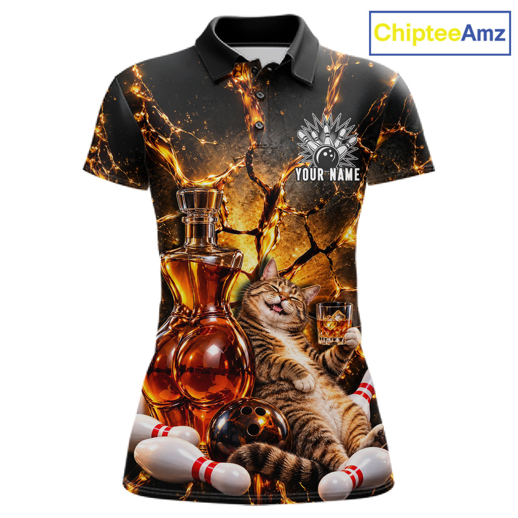 Funny Tabby Cat Whiskey Bowling Polo 1/4-Zip Custom Retro Drunk Bowling Team Shirt Bowling Gift