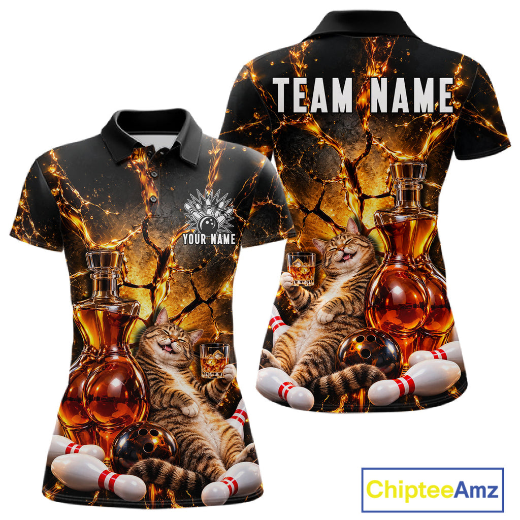 Funny Tabby Cat Whiskey Bowling Polo 1/4-Zip Custom Retro Drunk Bowling Team Shirt Bowling Gift