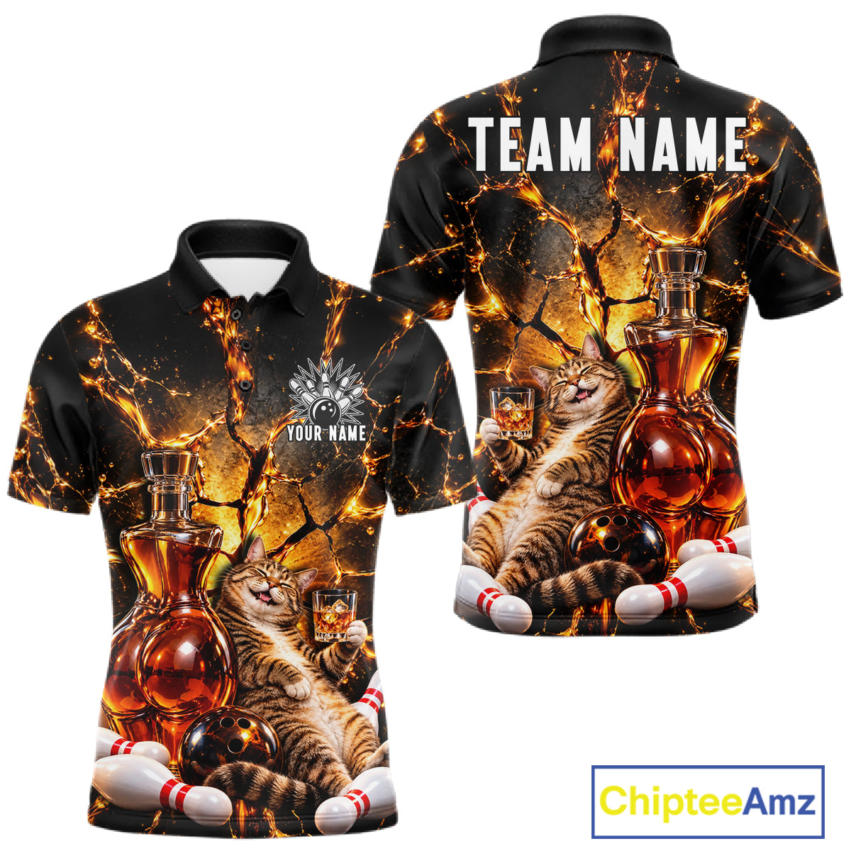 Funny Tabby Cat Whiskey Bowling Polo 1/4-Zip Custom Retro Drunk Bowling Team Shirt Bowling Gift