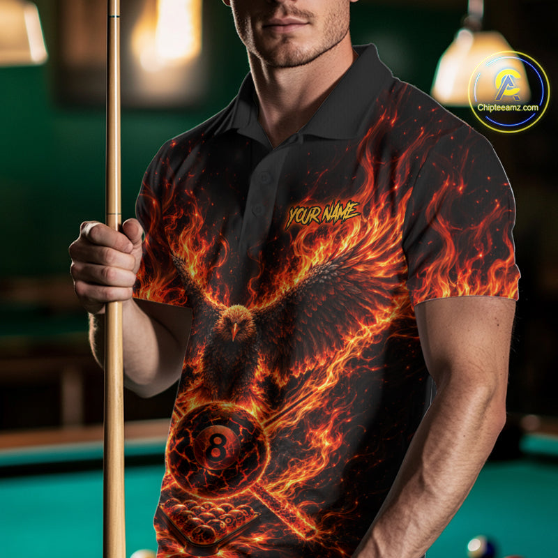 Personalized Flame Cracked 8 Ball Pool Polo Shirt Custom Fire Eagle Retro Billiard Team Shirt
