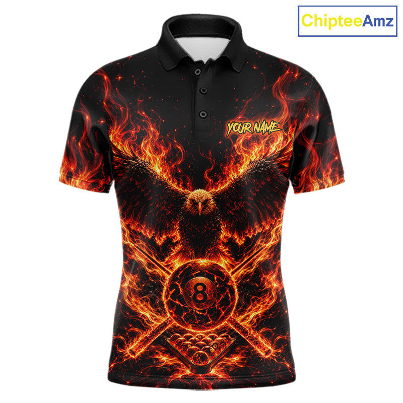 Personalized Flame Cracked 8 Ball Pool Polo Shirt Custom Fire Eagle Retro Billiard Team Shirt
