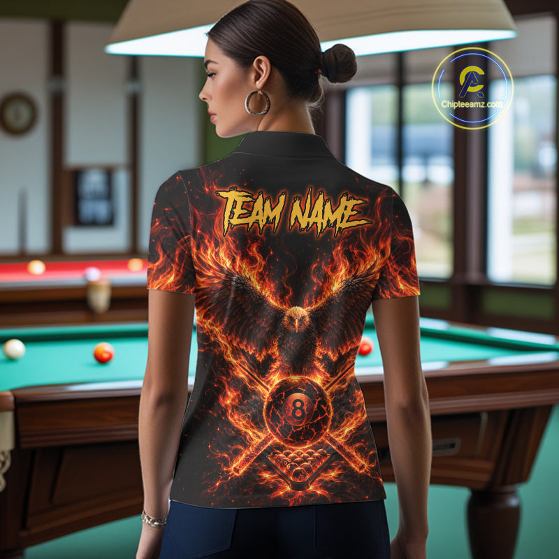Personalized Flame Cracked 8 Ball Pool Polo Shirt Custom Fire Eagle Retro Billiard Team Shirt