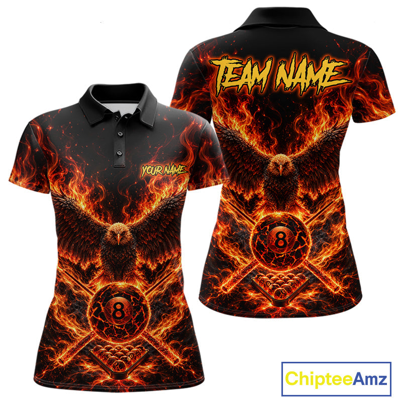 Personalized Flame Cracked 8 Ball Pool Polo Shirt Custom Fire Eagle Retro Billiard Team Shirt