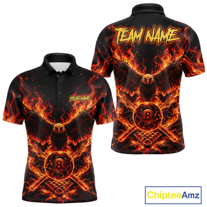 Personalized Flame Cracked 8 Ball Pool Polo Shirt Custom Fire Eagle Retro Billiard Team Shirt