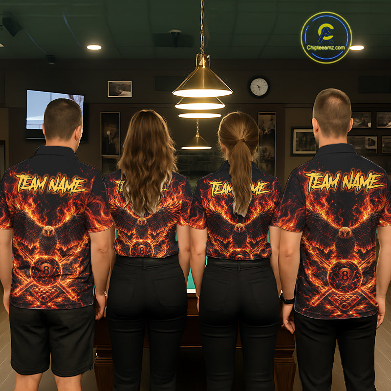 Personalized Flame Cracked 8 Ball Pool Polo Shirt Custom Fire Eagle Retro Billiard Team Shirt