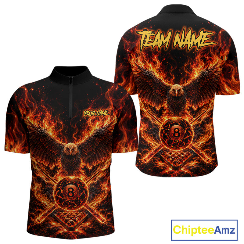 Personalized Flame Cracked 8 Ball Pool Polo Shirt Custom Fire Eagle Retro Billiard Team Shirt