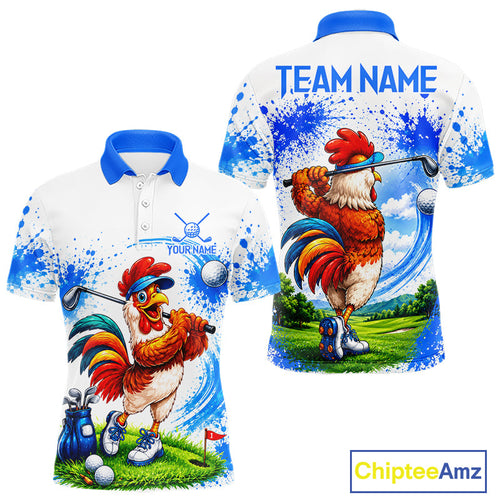Funny Rooster Golfer Golf Polo Shirts Custom Blue Splatter Golf Team Outfits Golf Gift