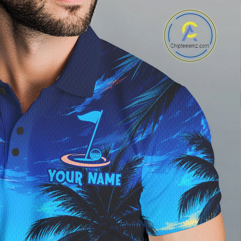 Sunset Tropical Palm Tree Golf Polos Shirts Personalized Golf Team Outfits, Golf Gifts