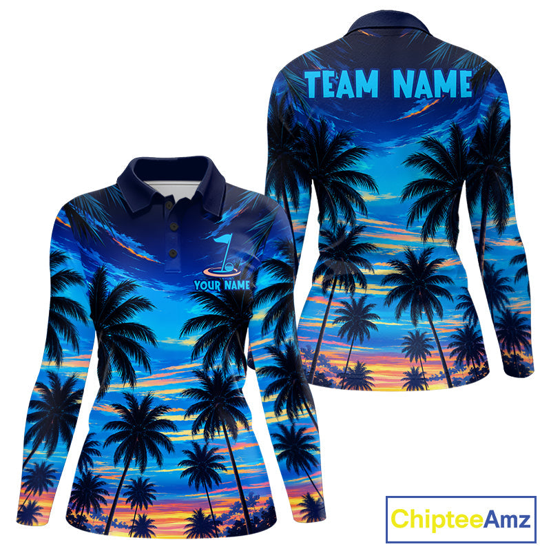 Sunset Tropical Palm Tree Golf Polos Shirts Personalized Golf Team Outfits, Golf Gifts