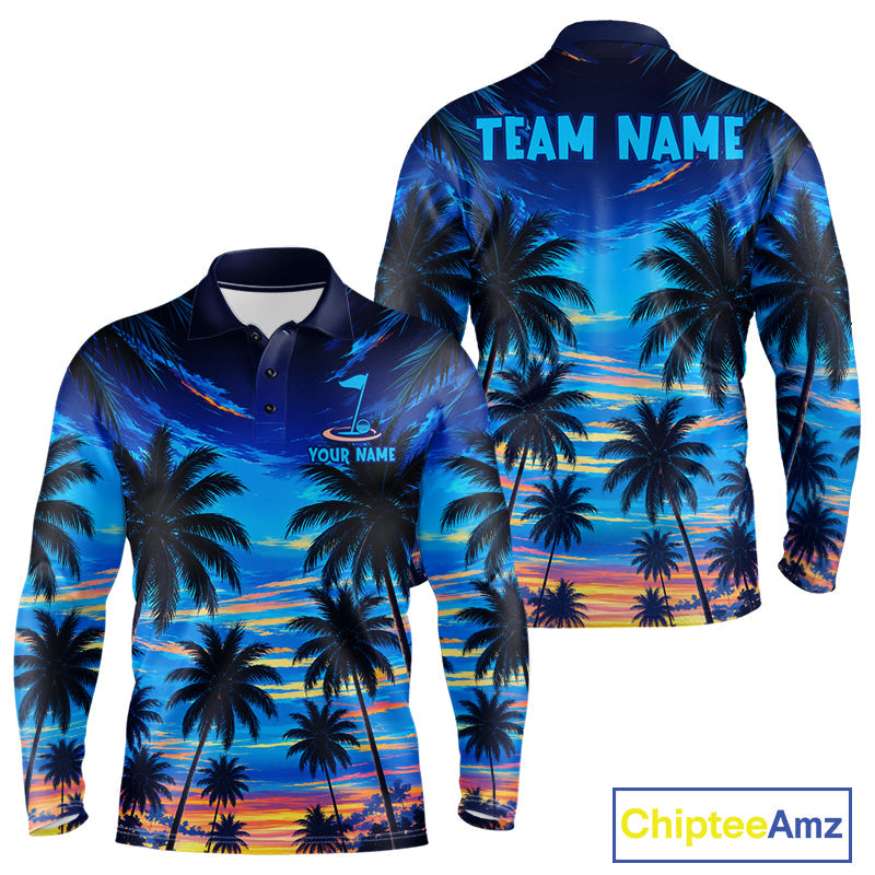 Sunset Tropical Palm Tree Golf Polos Shirts Personalized Golf Team Outfits, Golf Gifts