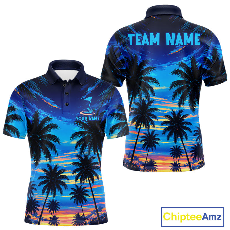 Sunset Tropical Palm Tree Golf Polos Shirts Personalized Golf Team Outfits, Golf Gifts