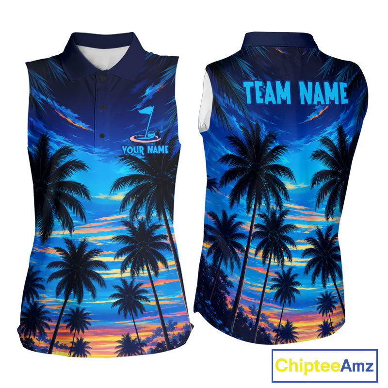 Sunset Tropical Palm Tree Golf Sleeveless Polos Shirts Personalized Golf Team Outfits, Golf Gifts