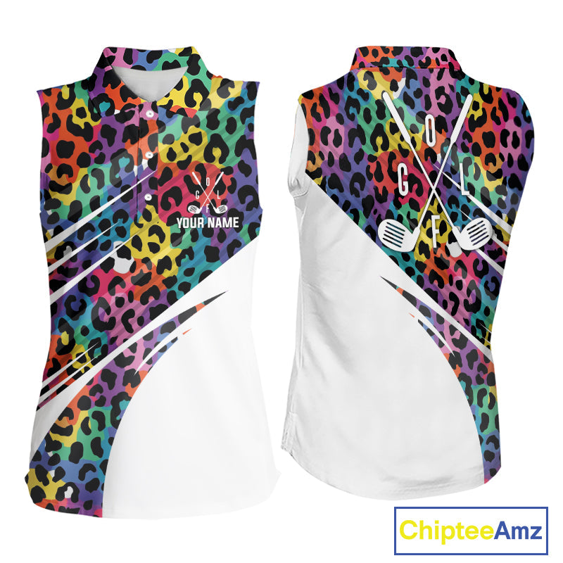 Leopard Colorful Golf Sleeveless Polo Shirts Custom Golf Tops Personalized Golf Team Gifts