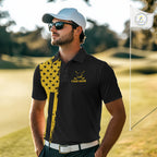 Black And Yellow American Flag Golf Polo Shirts Custom Name Patriotic Team Golf Uniform Nqs10018