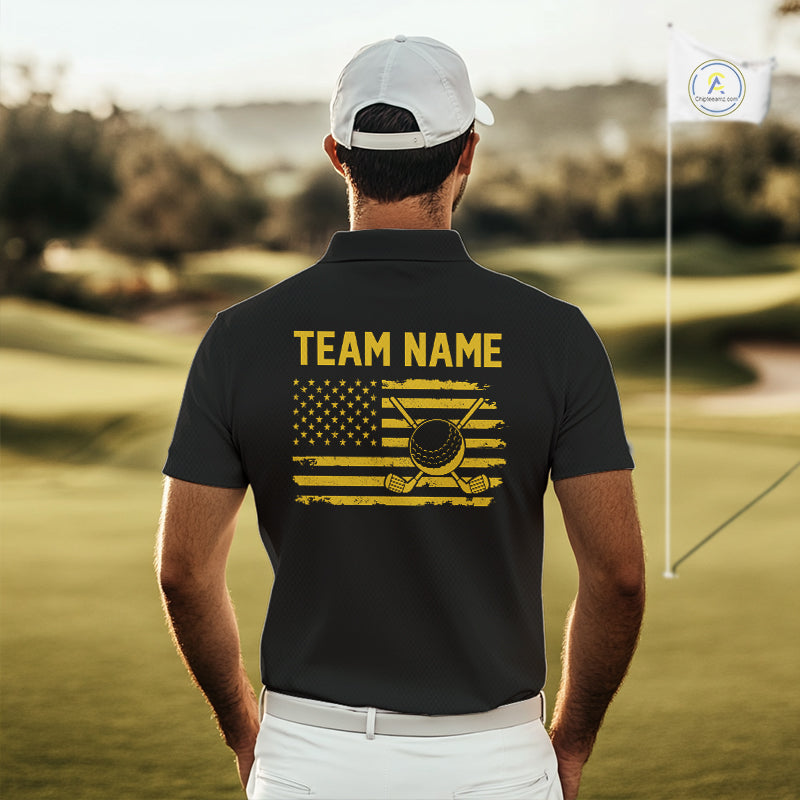 Black And Yellow American Flag Golf Polo Shirts Custom Name Patriotic Team Golf Uniform Nqs10018