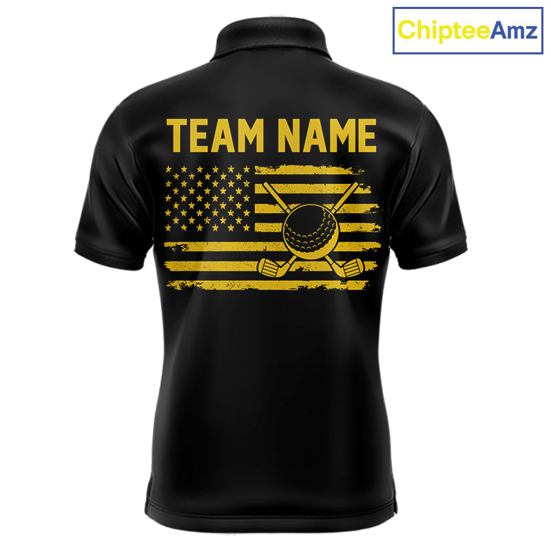 Black And Yellow American Flag Golf Polo Shirts Custom Name Patriotic Team Golf Uniform Nqs10018