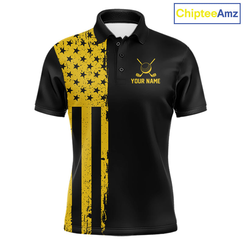 Black And Yellow American Flag Golf Polo Shirts Custom Name Patriotic Team Golf Uniform Nqs10018