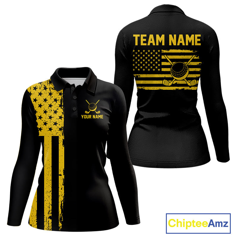 Black And Yellow American Flag Golf Polo Shirts Custom Name Patriotic Team Golf Uniform Nqs10018