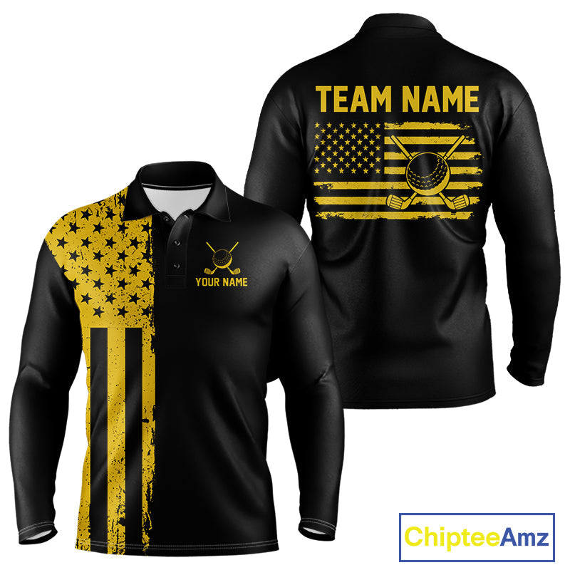 Black And Yellow American Flag Golf Polo Shirts Custom Name Patriotic Team Golf Uniform Nqs10018