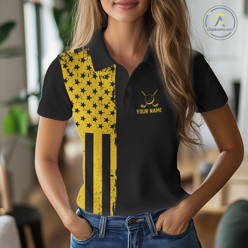 Black And Yellow American Flag Golf Polo Shirts Custom Name Patriotic Team Golf Uniform Nqs10018