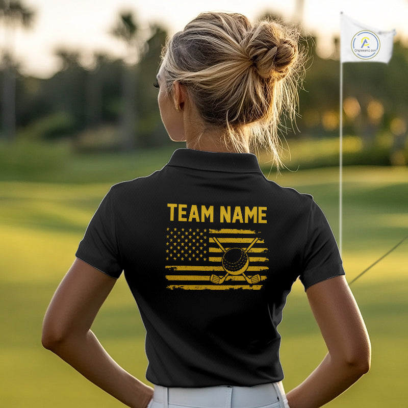Black And Yellow American Flag Golf Polo Shirts Custom Name Patriotic Team Golf Uniform Nqs10018