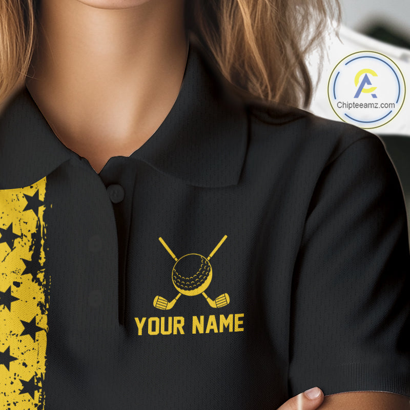 Black And Yellow American Flag Golf Polo Shirts Custom Name Patriotic Team Golf Uniform Nqs10018