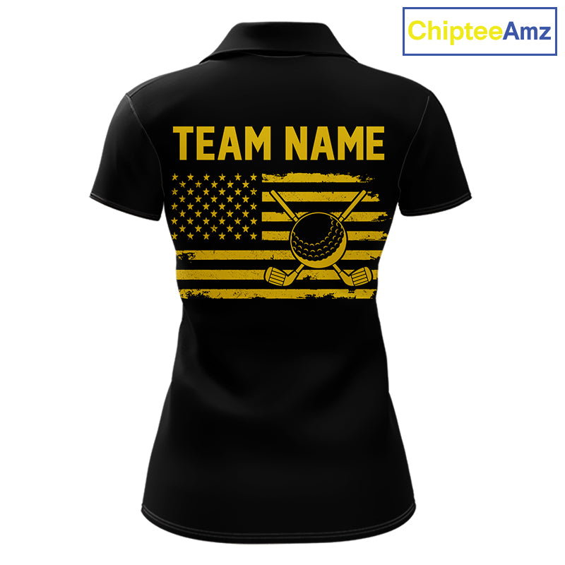 Black And Yellow American Flag Golf Polo Shirts Custom Name Patriotic Team Golf Uniform Nqs10018