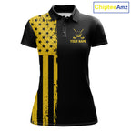 Black And Yellow American Flag Golf Polo Shirts Custom Name Patriotic Team Golf Uniform Nqs10018