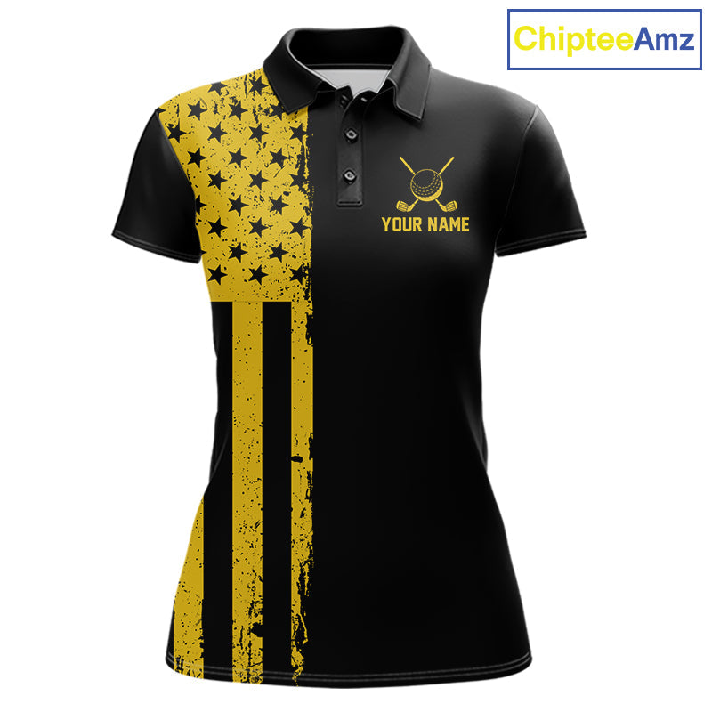 Black And Yellow American Flag Golf Polo Shirts Custom Name Patriotic Team Golf Uniform Nqs10018