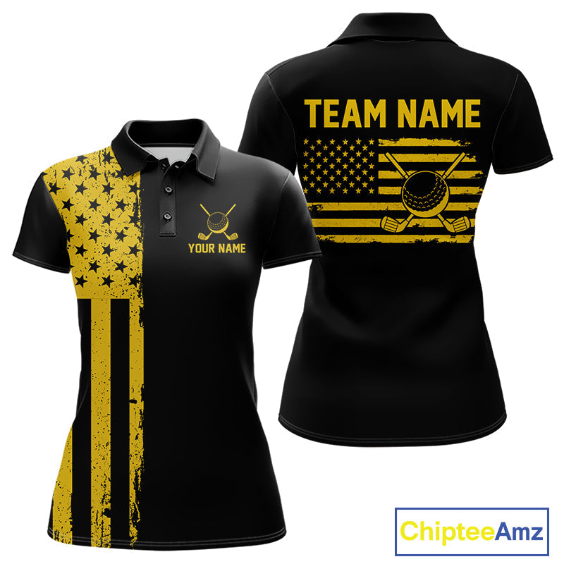 Black And Yellow American Flag Golf Polo Shirts Custom Name Patriotic Team Golf Uniform Nqs10018