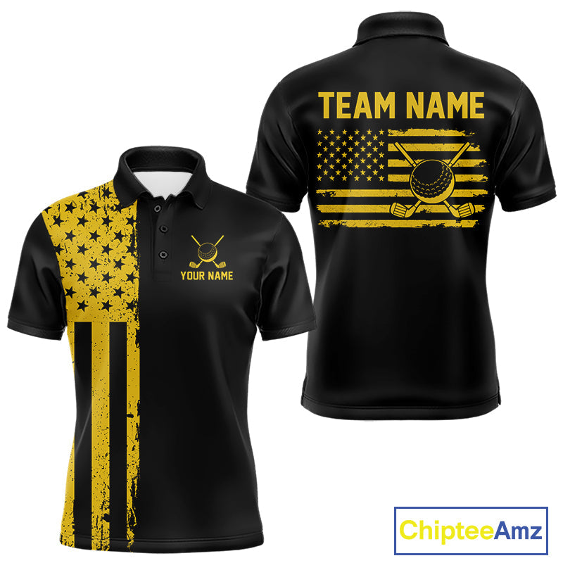 Black And Yellow American Flag Golf Polo Shirts Custom Name Patriotic Team Golf Uniform Nqs10018
