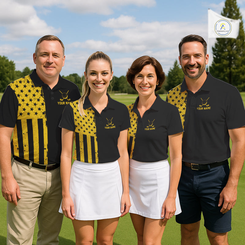Black And Yellow American Flag Golf Polo Shirts Custom Name Patriotic Team Golf Uniform Nqs10018