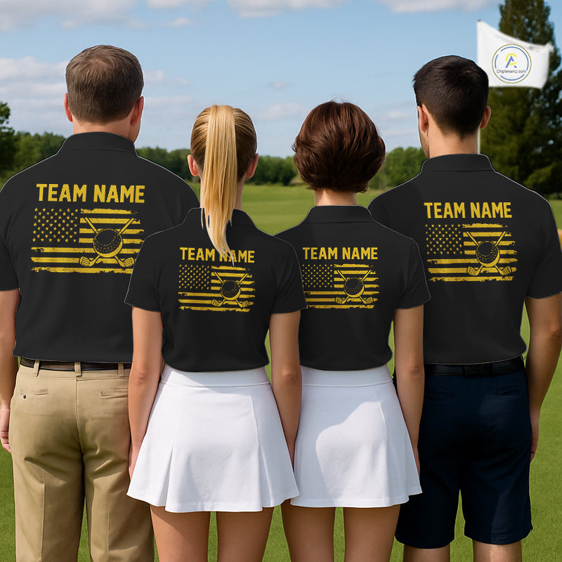 Black And Yellow American Flag Golf Polo Shirts Custom Name Patriotic Team Golf Uniform Nqs10018