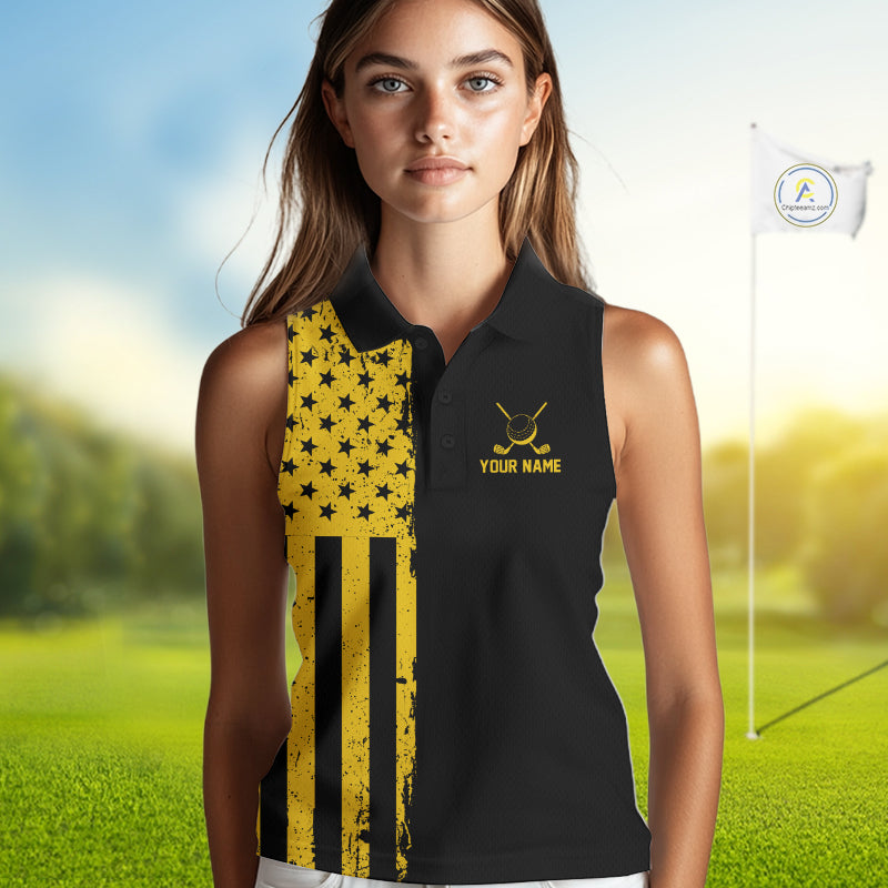 Black And Yellow American Flag Golf Sleeveless Polo Shirts Custom Name Patriotic Team Golf Uniform Nqs10018
