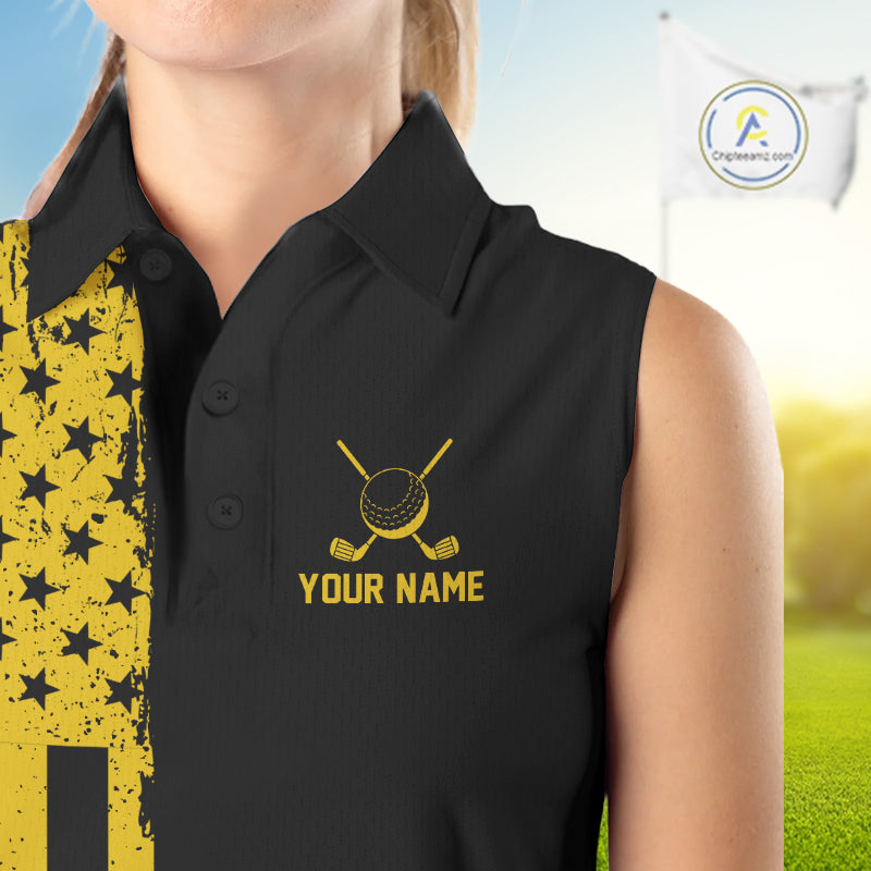 Black And Yellow American Flag Golf Sleeveless Polo Shirts Custom Name Patriotic Team Golf Uniform Nqs10018