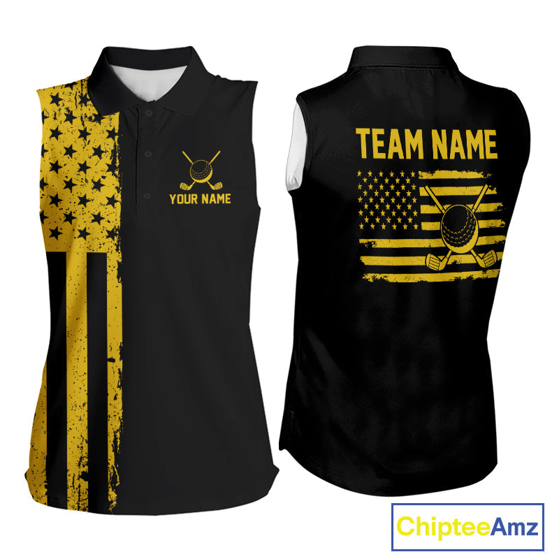 Black And Yellow American Flag Golf Sleeveless Polo Shirts Custom Name Patriotic Team Golf Uniform Nqs10018
