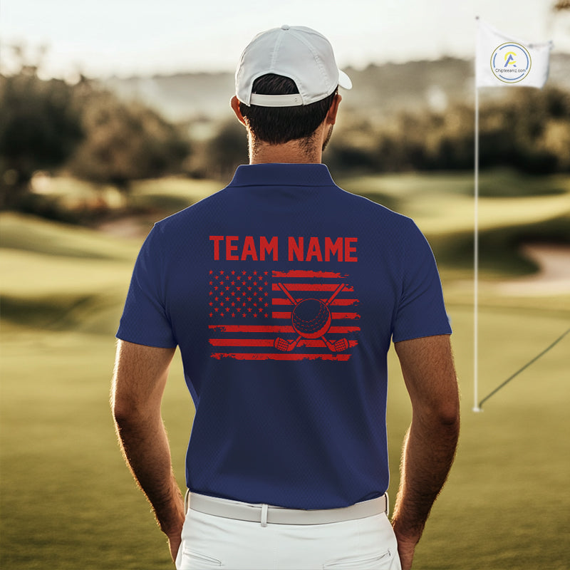 Navy And Red American Flag Golf Polo Shirts Custom Name Patriotic Team Golf Uniform Nqs10019