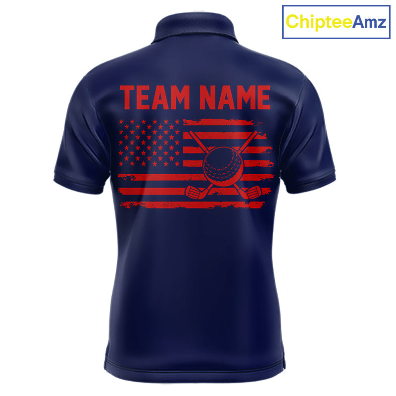 Navy And Red American Flag Golf Polo Shirts Custom Name Patriotic Team Golf Uniform Nqs10019