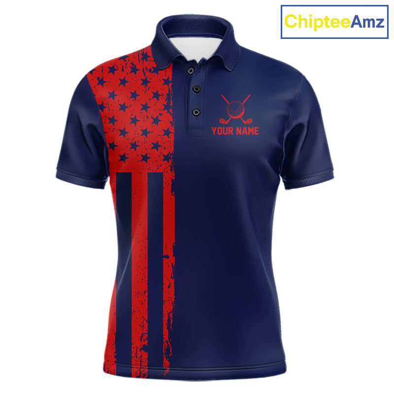 Navy And Red American Flag Golf Polo Shirts Custom Name Patriotic Team Golf Uniform Nqs10019