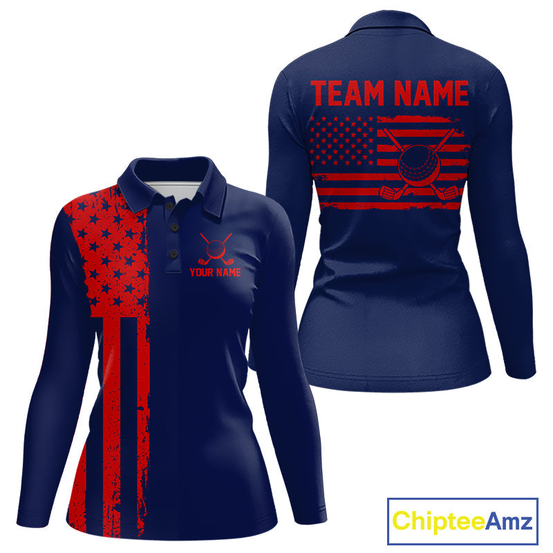 Navy And Red American Flag Golf Polo Shirts Custom Name Patriotic Team Golf Uniform Nqs10019