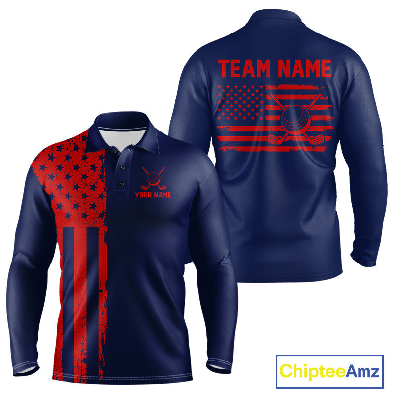 Navy And Red American Flag Golf Polo Shirts Custom Name Patriotic Team Golf Uniform Nqs10019