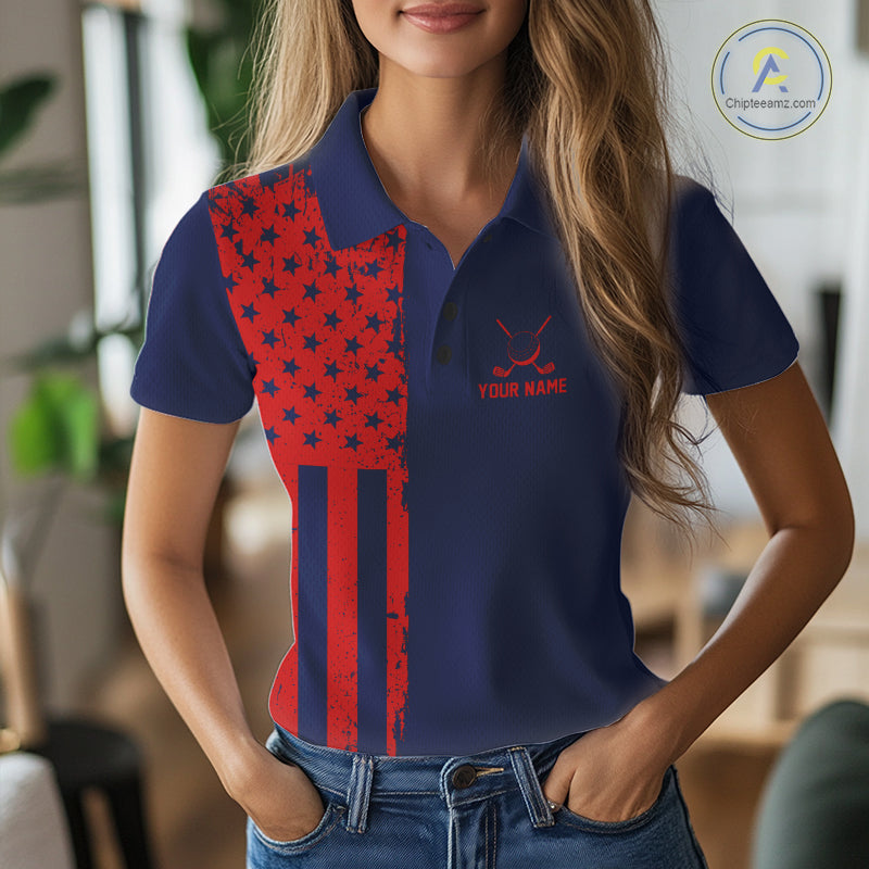 Navy And Red American Flag Golf Polo Shirts Custom Name Patriotic Team Golf Uniform Nqs10019