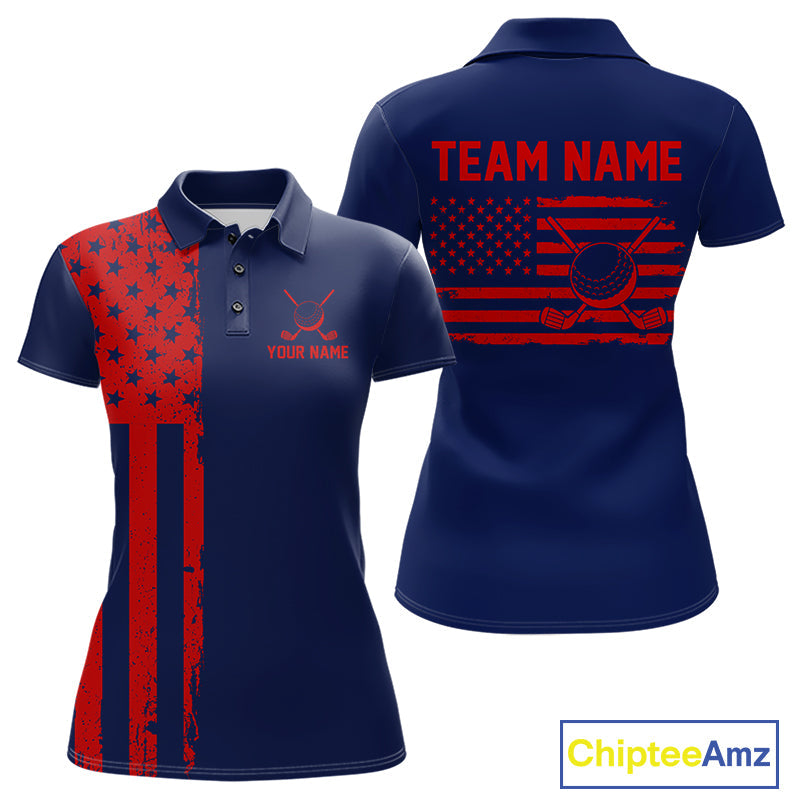 Navy And Red American Flag Golf Polo Shirts Custom Name Patriotic Team Golf Uniform Nqs10019